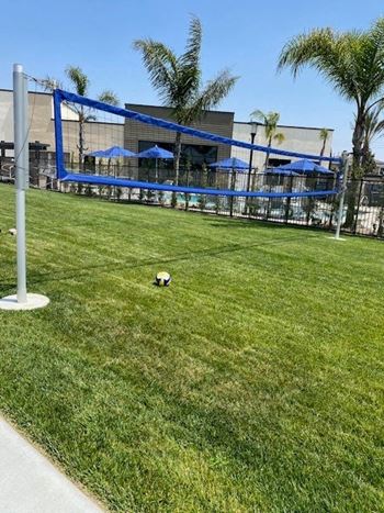A soccer ball in the grass in front of a building